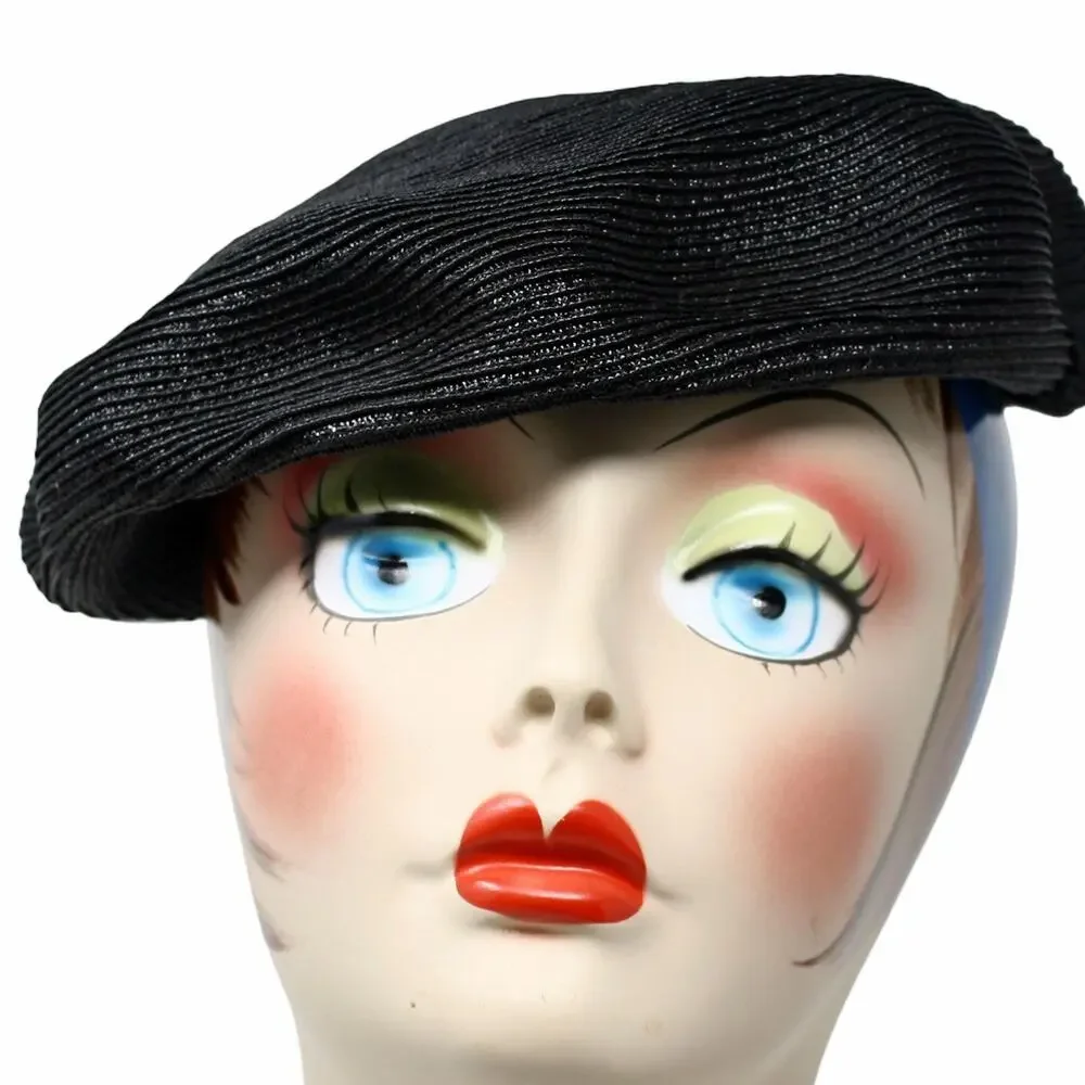 Vintage Black Textured Tilt Hat Bow Accent Cocktail Church Fascinator - Hey Viv - Picture 4 of 8